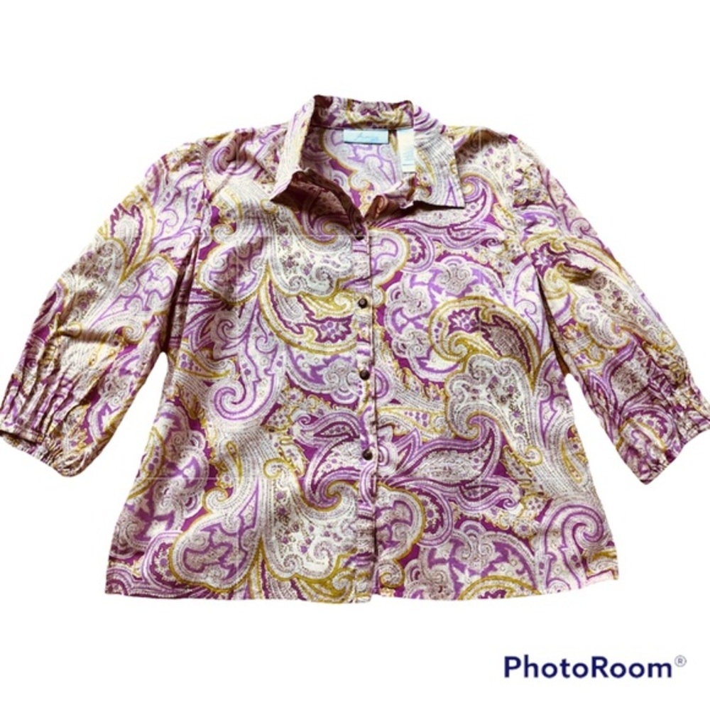 JH Collectibles Top Shirt Size PM Button Down Paisley 3/4th Sleeve Green Pink